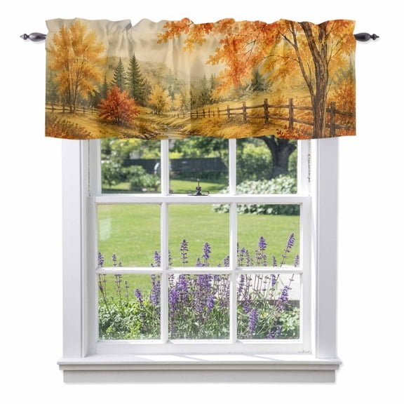 Fall Country Valances for Windows, Forest Golden Orange Birch Tree River Valley Shabby Chic Rod Pocket Valance Short Window Treatments Curtains for Kitchen Bathroom Bedroom Decor, 42 x 12 Inches