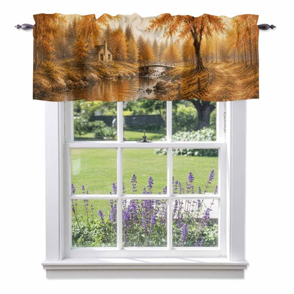 Fall Country Valances for Windows, Forest Golden Orange Tree River Shabby Chic Rustic Farm Rod Pocket Valance Short Window Treatments Curtains for Kitchen Bathroom Bedroom Decor, 42 x 12 Inches