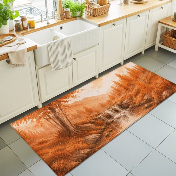 Fall Country Washable Runner Rugs 2'x6', Cascade Landscape Waterfall Orange Maple Trees Rustic Washable Runner Rug Non-Slip Sturdy Edge Binding Carpet for Bedside Hallway Runner Kitchen Galley