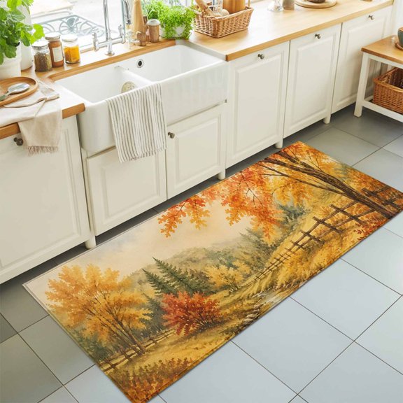 Fall Country Washable Runner Rugs 2'x6', Forest Golden Orange Birch Tree River Valley Shabby Chic Washable Runner Rug Non-Slip Sturdy Edge Binding Carpet for Bedside Hallway Runner Kitchen Galley