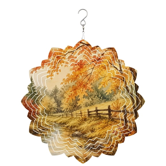 Fall Country Wind Spinner for Garden Yard 8In, Forest Golden Orange Birch Tree River Valley Shabby Chic 3D Stainless Steel Kinetic Hanging Wind Spinners Rustproof Outdoor Decor for Lawn Patio Home