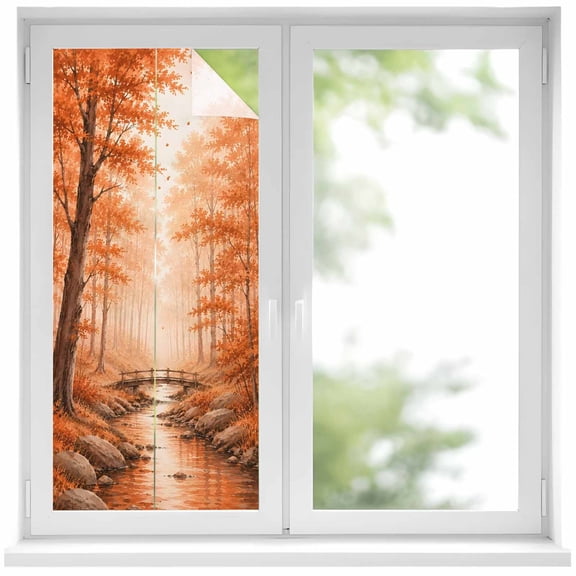 Fall Country Window Privacy Film, Cascade Landscape River Trail Orange Maple Trees Rustic Frosted Glass Window Clings Static Cling UV Heat Blocking Reusable Door Sticker for Bathroom 19.6 x 39.3 Inch