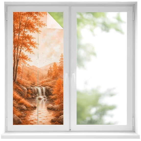 Fall Country Window Privacy Film, Cascade Landscape Waterfall Orange Maple Trees Rustic Frosted Glass Window Clings Static Cling UV Heat Blocking Reusable Door Sticker for Bathroom 17.7 x 39.3 Inch