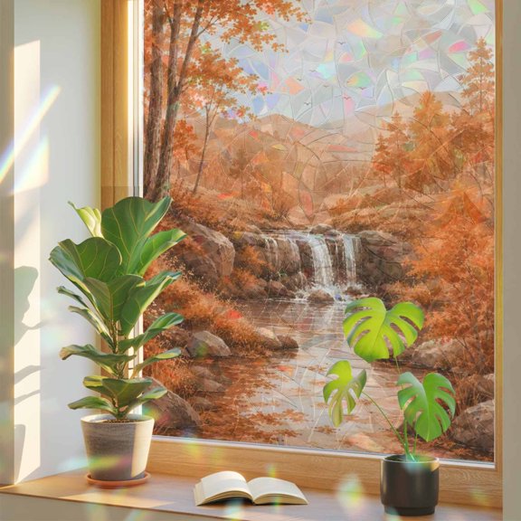 Fall Country Window Privacy Film, Cascade Landscape Waterfall Orange Maple Trees Rustic Stained Glass Rainbow Film Decorative Window Clings, Static Cling Sun Blocking Stickers 23.6" x 59"