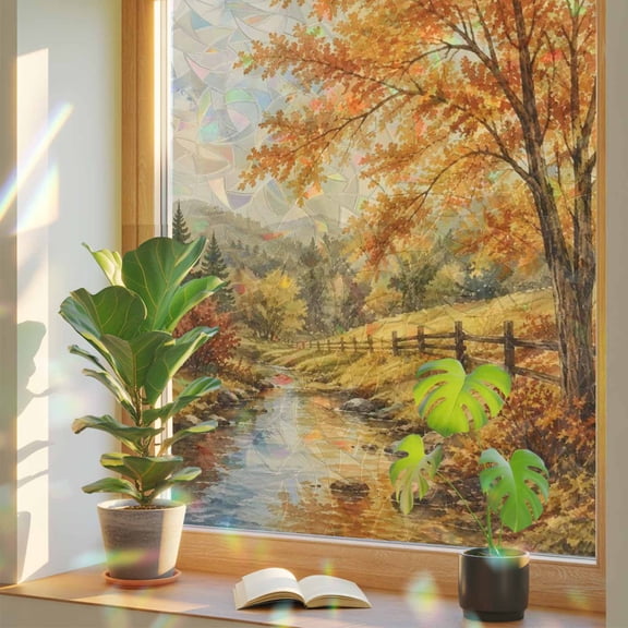 Fall Country Window Privacy Film, Forest Golden Orange Birch Tree River Valley Shabby Chic Stained Glass Rainbow Film Decorative Window Clings, Static Cling Sun Blocking Stickers 23.6" x 59"