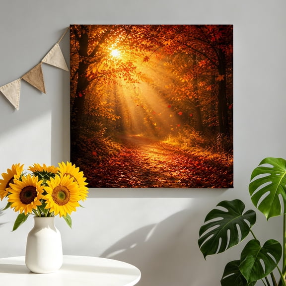 Fall Countryside Canvas Wall Art for Living Room, Orange Tree Forest Yellow Sunlight Path Poster Print Painting for Bedroom Office Home Decoration Wall Pictures Prepare To Hang 12"x12"