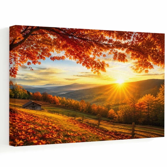 Fall Countryside Canvas Wall Art, Orange Tree Yellow Sunrise Sunset Morning Valley Wall Art Prints Artwork Framed Canvas Ready to Hang Art Pictures for Bathroom, Dressing Table, Entryway 12" x 8"