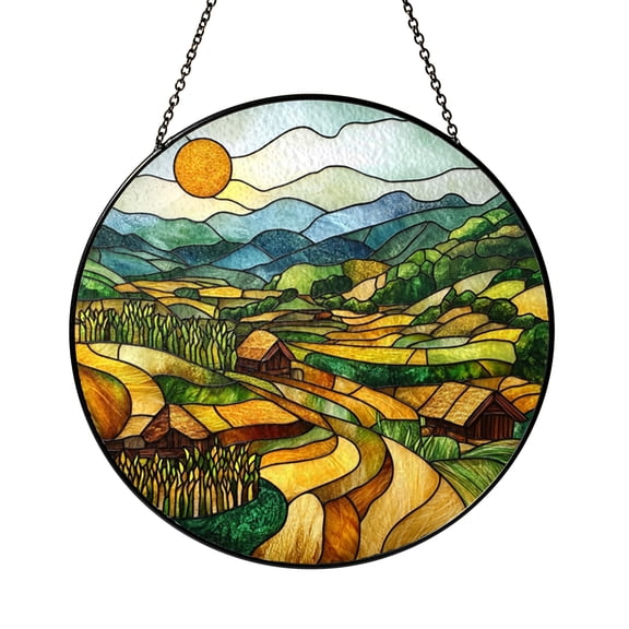 Fall Countryside Hills Stained Glass Suncatcher, Valley Farm Window Hanging Decor, Autumn Landscape Art Panel, Rustic Nature Scene Decorative Piece, Unique Gift for Home Decor
