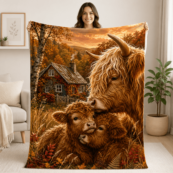 Fall Cow Print Flannel Throw Blanket, Highland Cattle Family with Two Calves by a Rustic Cottage for Couch Sofa Bed and Warm Farmhouse Decor, 30 x 40 in