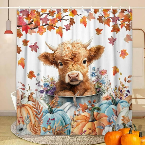 Fall Cow Shower Curtain, Autumn Thanksgiving Pumpkin Farmhouse Funny Highland Cow Shower Curtains for Bathroom, Cute Farm Animal Bathroom Decor, with Hooks, Surreal Bathroom Curtain, 72X72