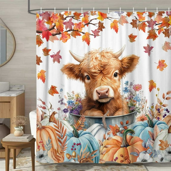 Fall Cow Shower Curtain, Autumn Thanksgiving Pumpkin Farmhouse Funny Highland Cow Shower Curtains for Bathroom, Cute Farm Animal Bathroom Decor, with Hooks, Surreal Bathroom Curtain, 70x75inch