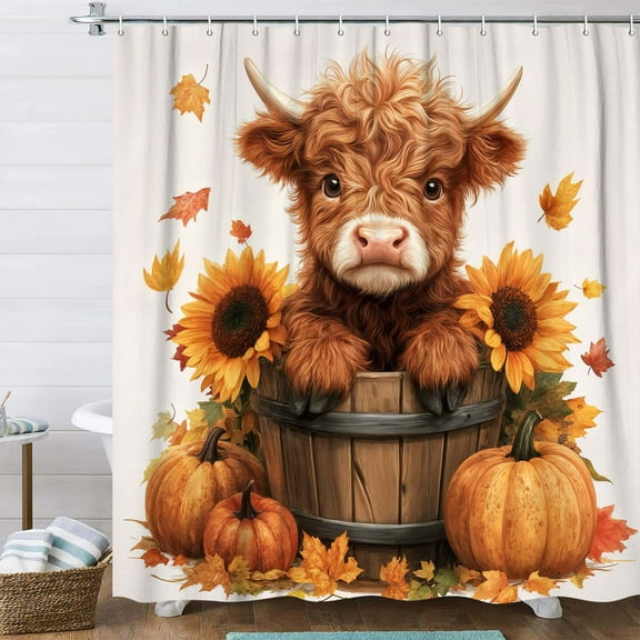 Fall Cow Shower Curtain, Farmhouse Rustic Cow Sunflower Bathroom Curtain Autumn Thanksgiving Floral Bathroom Decor Set, Farm Animal Bath Accessories Waterproof Curtains with 12 Hooks, 72x72 inch