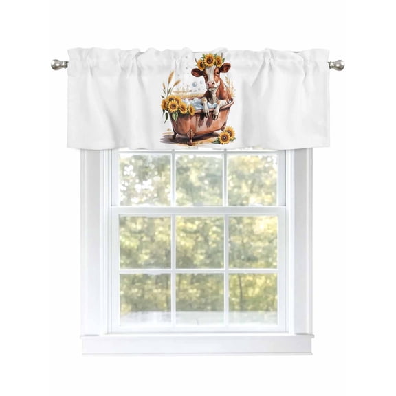 Fall Cow Shower Valances for Windows, Rod Pocket Kitchen Valance Curtains - Soft & Washable Small Window Treatment for Living Room, Bathroom, Funny , 42x12 Inch, 1 Panel