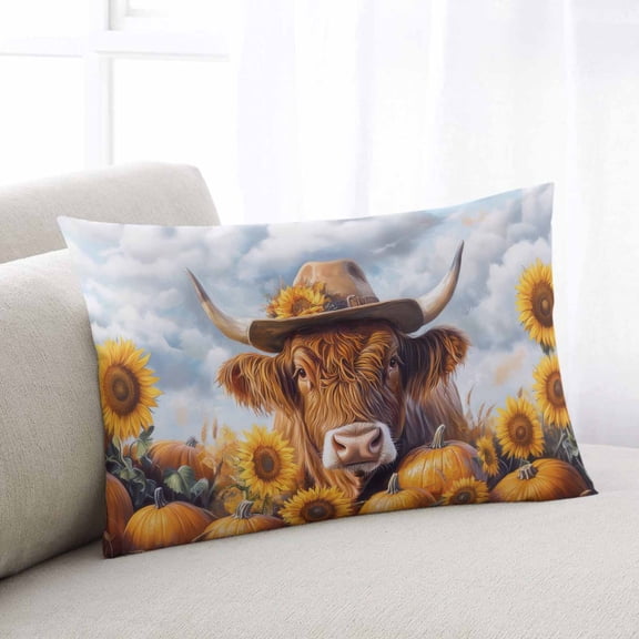 Fall Cow Sunflower Throw Pillow Covers, Thanksgiving Pumpkin Blue Sky Soft Breathable Pillow Cases with Invisible Zipper for Sleeping, Queen Size Pillowcases for Couch Bed Sofa Chair 20x30 Inches