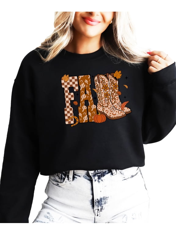 Fall Cowboy Boots Sweatshirt Autumn Leaves, Checkered and Cactus Pattern Crewneck for Women, Teens & Kids Black Sweatshirt Adult Large