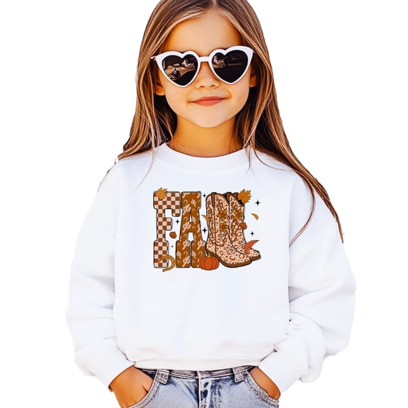 Fall Cowboy Boots Sweatshirt Autumn Leaves, Checkered and Cactus Pattern Crewneck for Women, Teens & Kids White Sweatshirt Youth Medium