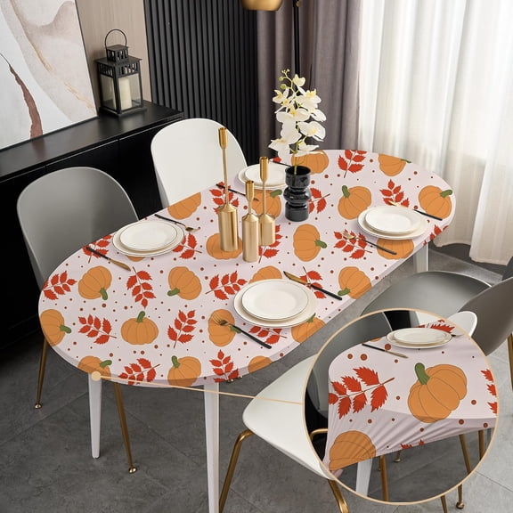 Fall Cream Pumpkin Fitted Oval Tablecloth 42x60 Inch, Stretch Table Cover | Wrinkle Resistant Spandex Table Cloth, Washable Non Slip Elastic Edge for Thanksgiving Indoor Outdoor Decor, oval table dec