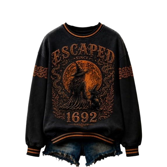 Fall Crew Neck Sweatshirts for Women Witch Graphic Long Sleeve Pullover Relaxed Fit Casual Top Orange XXL