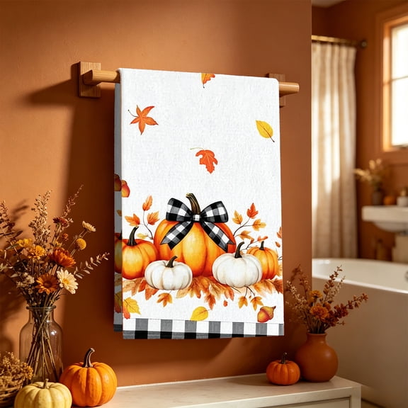 Fall Crop Pumpkins Kitchen Towels - 16x28 in Decorative Cotton Terrycloth with Absorbent Quick-Dry, Harvest Pumpkin Pattern for Thanksgiving Home Decor, Dish Drying Cloth - Orange