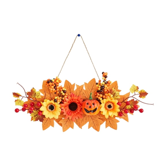 Fall Crop Simulation Flower And Leaf Wall Hanging Halloween Thanksgiving Door Hanging Sunflowers Pumpkin Maple Leaves Berry Entrance Wall Decoration