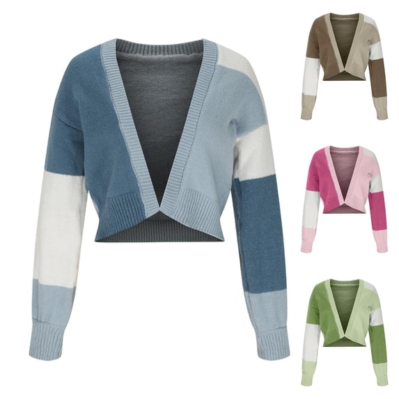 Fall Cropped Cardigan Sweaters for Women Lightweight Open Front Color Block Long Sleeve Short Sweater