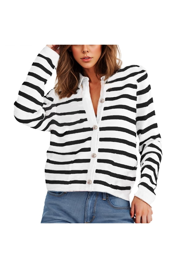 Fall Cropped Striped Cardigan Sweaters for Women Lounge Lightweight Crew Neck Long Sleeve Knit Sweater with Pockets Trendy Open Front Button Down Jacket