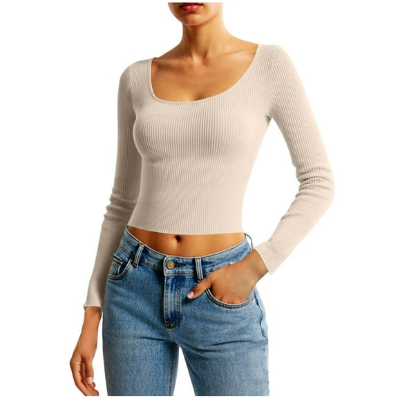Fall Cropped Sweaters Womens Scoop Neck Ribbed Knit Basic Pullover Tops Casual Fall Winter Ladies Sweater Beige, L