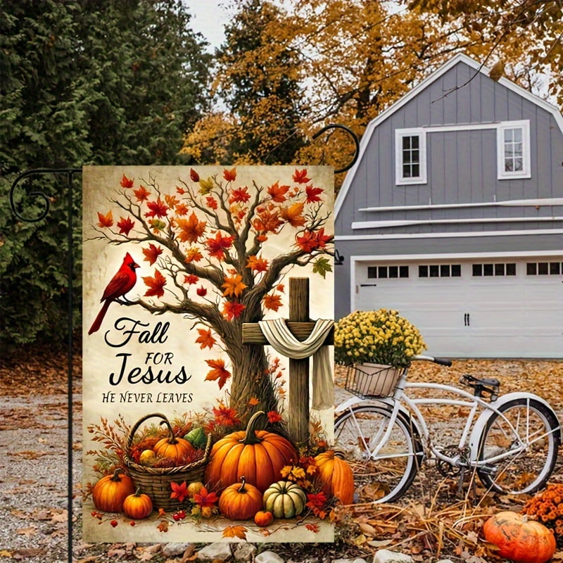 Fall Cross Garden Flags for Outside 12x18 Double Sided, Religious Cross