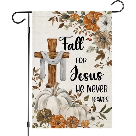 Fall Cross Garden Flags for Outside Decorations, Religious Cross Fall for Jesus with Pumpkins Maple Leaves Small Yard Flag, Harvest Autumn Thanksgiving Seasonal Farmhouse Holiday Outdoor Decor 12.5x18
