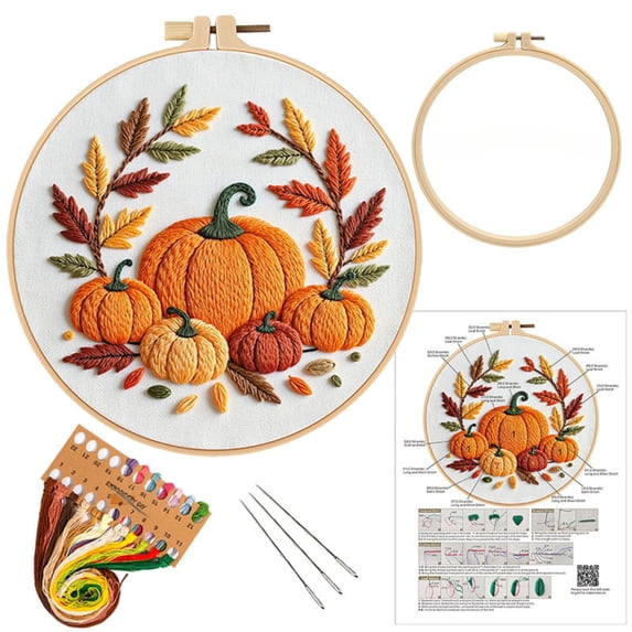 Fall Cross Stitch Kits, Pumpkin Decor, Embroidery Starter Kit for Adult Beginner with Pumpkin Flower Pattern Hand Embroidery Set with Cloth Hoop Needle Threader Floss and Instruction, 7.87in
