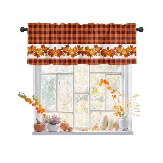 Fall Curtain Valance for Windows/Kitchen/Living Room/Bedroom, Thanksgiving Orange Pumpkin Maple Leaves Plaid Rod Pocket Window Treatment Short Drape Topper Small Tier Cafe Curtains Panel 42X12