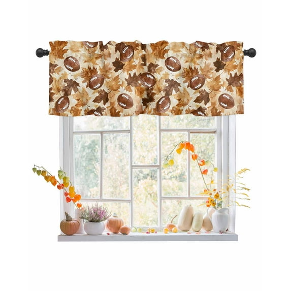 Fall Curtain Valance for Windows/Kitchen/Living Room/Bedroom, Thanksgiving Rugby Ball Autumn Country Maple Leaf Rod Pocket Window Treatment Short Drape Topper Small Tier Cafe Curtains Panel 42X12