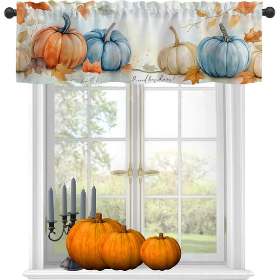 Fall Curtain Valances,Autumn Blue Pumpkin Semi Sheer Kitchen Windows Valances,Rod Pocket Short Window Treatment Light Filtering Decor Valances for Kitchen Living Room Bedroom Windows - 54"x18"