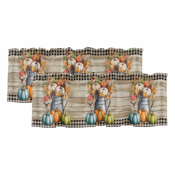 Fall Curtain Valances for Windows, Kitchen Valance Window Treatments Panel 2 Pack, Orange Green Blue White Pumpkin Plaid Wood Grain Rod Pocket Short Curtains for Bathroom Bedroom 60 x 18 Inch