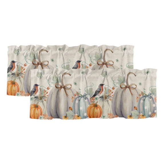 Fall Curtain Valances for Windows, Kitchen Valance Window Treatments Panel 2 Pack, Orange Green Pumpkins Thanksgiving Bird Leaf Rod Pocket Short Curtains for Bathroom Bedroom 54 x 18 Inch