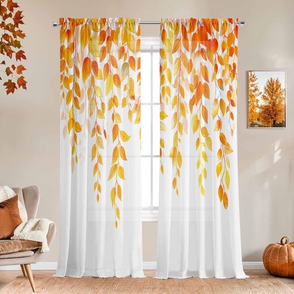 Fall Curtains 84 Inches Long Golden Leaves Curtains for Living Room Autumn Orange Yellow Curtain for Bedroom Semi Sheer Botanical Leaf Plants Curtain Dining Room Window Drapes 2 Panels Set