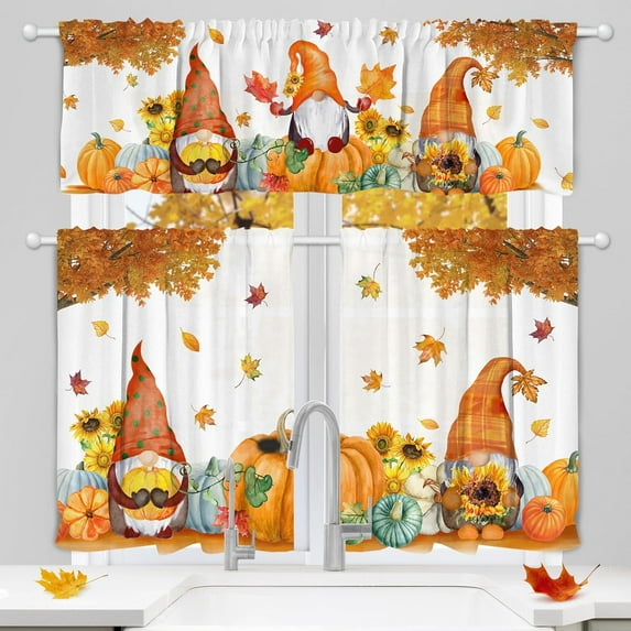 Fall Curtains for Kitchen 3 Piece Set, Fall Window Curtains Valance - Rod Pocket Tiered Curtain Over Sink, Gnome & Pumpkin Decorations, Autumn Leaf & Pumpkin Kitchen Decor for Home 54x24 Inch