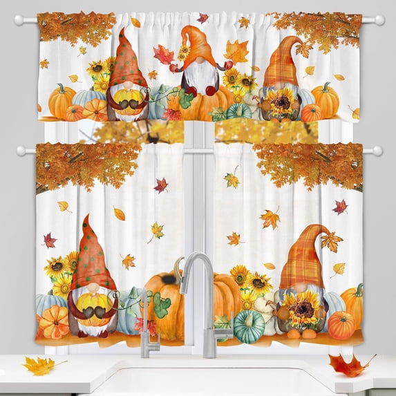 Fall Curtains for Kitchen 3 Piece Set, Thanksgiving Window Curtains Valance - Rod Pocket Tiered Curtain Over Sink, Gnome Decorations, Autumn Leaf & Pumpkin Kitchen Decor for Home 54x24 Inch