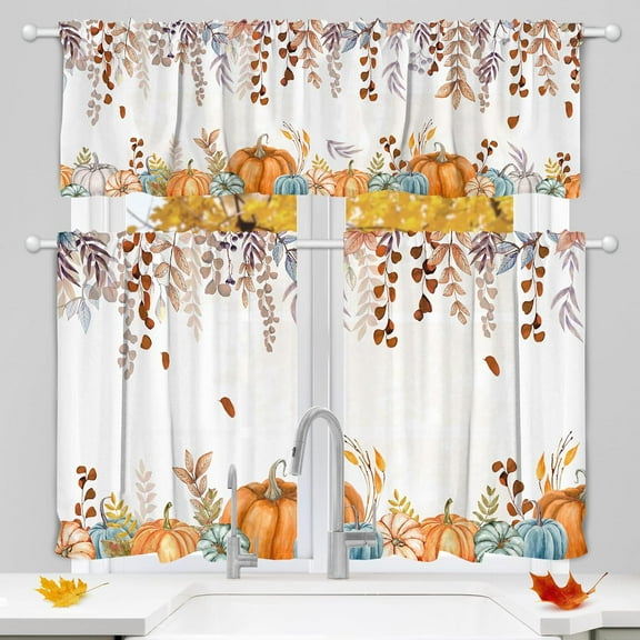 Fall Curtains for Kitchen, Fall Window Curtains Valance Set of 3 - Rod Pocket Tiered Curtain Decorations, Autumn Leaf & Pumpkin Kitchen Decor for Home 54x24 Inch