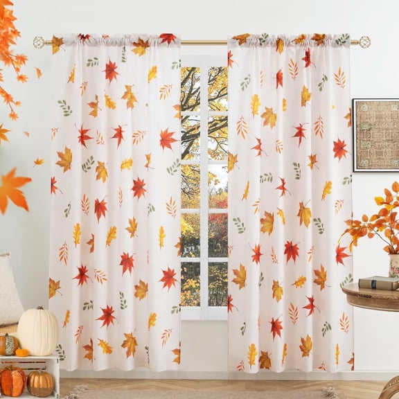 Fall Curtains for Living Room, Length Rod Pocket Thanksgiving Curtian Panels, Autumn Falling Maple Leaves Window Drapes for Bedroom Dining Room Drapes 53"W x 63"L (Pack of 2)