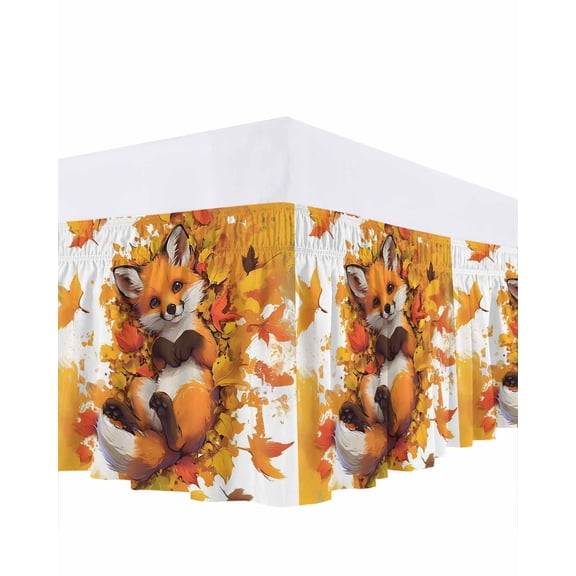 Fall Cute Bed Skirt Queen Size 16&nbsp;Inch Drop, Fox Maple Leaves Wrap Around Dust Ruffle Bedskirts, Wrinkle & Fade Resistant Easy Fit Bedskirt with Adjustable Elastic