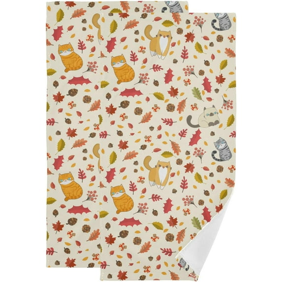 Fall Cute Cat Hand Towels 2 PCS, Autumn Leaves Berry Kitchen Towel Ultra Soft and Highly Absorbent,Decorative Fingertip Face Towel for Bathroom Hotel, 28.3"x14.4"