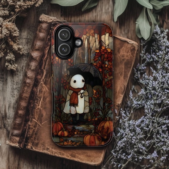 Fall Cute Ghost Tough Phone Case, Pumpkins Forest Ghost Stained Glass PRINTED Design, Protective Covers for iPhone, Galaxy & Pixel