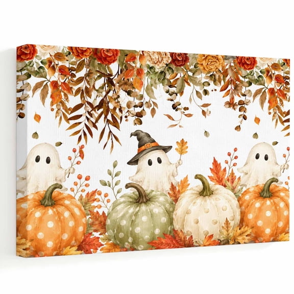 Fall Cute Ghosts Canvas Wall Art, Halloween Spooky Harvest Pumpkins Rose Maple Leaf Wall Art Prints Artwork Framed Canvas Ready to Hang Art Pictures for Bathroom, Dressing Table, Entryway 12" x 8"