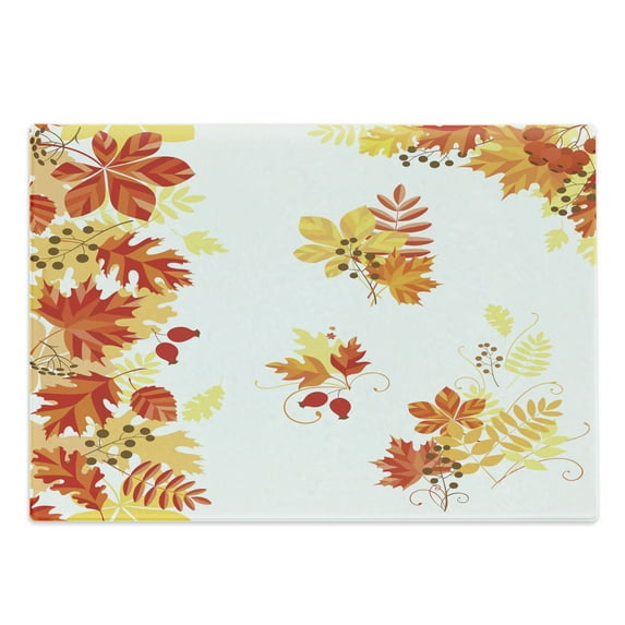Fall Cutting Board, Autumn Themed Pattern Chestnut Oak Maple Leaves and Berries Corner Design Elements, Decorative Tempered Glass Cutting and Serving Board, Large Size, Multicolor, by Ambesonne