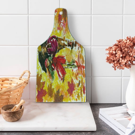 Fall Cutting Board, Couple Walking at Alley in Autumn Park Rainy Weather Romantic Watercolors Art, Decorative Tempered Glass Cutting and Serving Board, Wine Bottle Shape, Multicolor, by Ambesonne