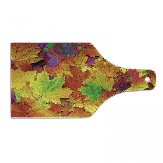 Fall Cutting Board, Different Colored Vibrant Many Autumn Maple Leaves Nature in November Scenery Photo, Tempered Glass Cutting and Serving Board, Wine Bottle Shape, Yellow Purple, by Ambesonne