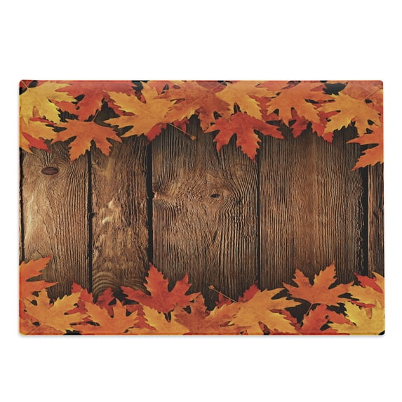 Fall Cutting Board, Dry Leaves Poured Onto Wooden Board Cabin Cottage Rustic Country Life Theme Print, Decorative Tempered Glass Cutting and Serving Board, Large Size, Brown Orange, by Ambesonne