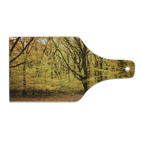 Fall Cutting Board, Epic View Deep down in the Forest with Shady Leaves Rural Habitat Ecology Scene, Decorative Tempered Glass Cutting and Serving Board, Wine Bottle Shape, Yellow Brown, by Ambesonne