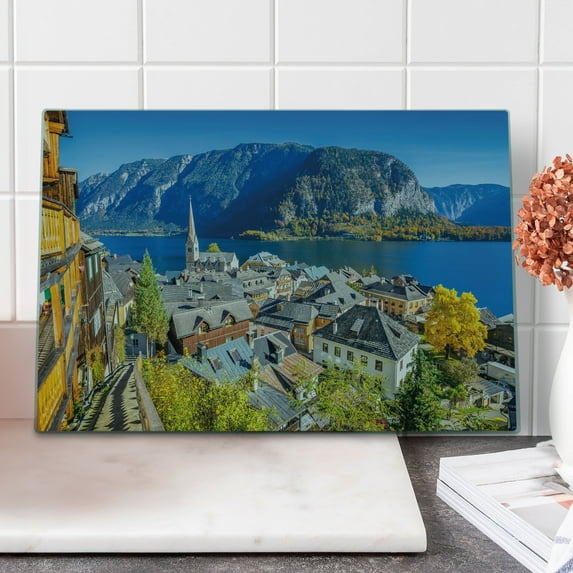 Fall Cutting Board, Historical Mountain Village of Hallstatt Austria Seasonal European Landscape View, Decorative Tempered Glass Cutting and Serving Board, Large Size, Multicolor, by Ambesonne